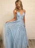 Sexy V Neck Appliques Blue Chiffon Prom Dress LBQ0713
